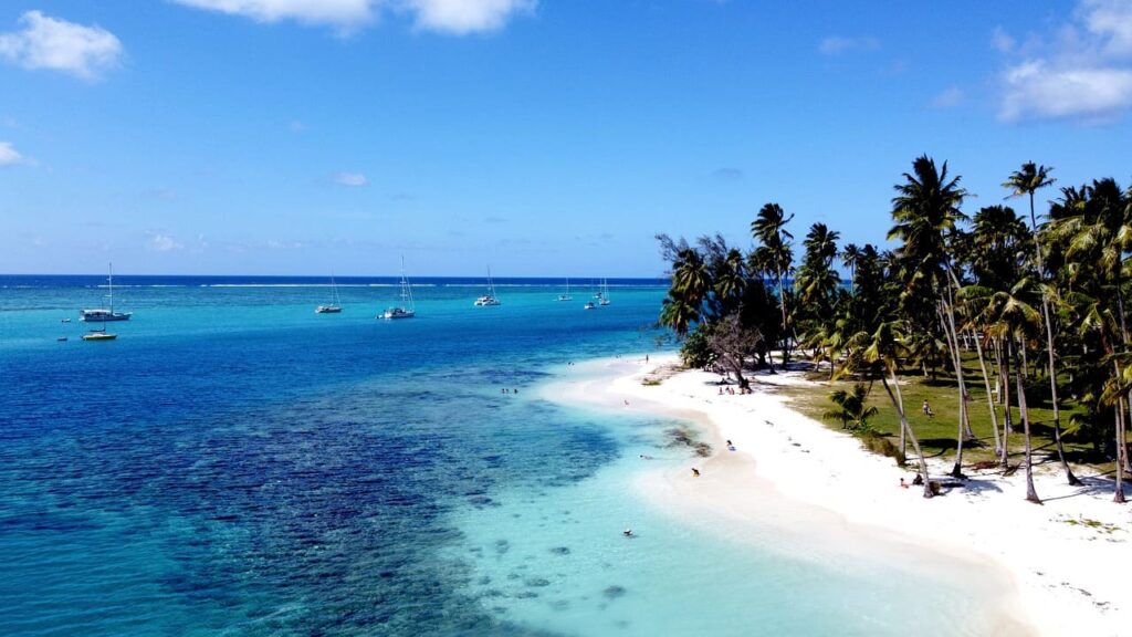Lagon avec plage de sable blanc - cocotiers et eau turquoise